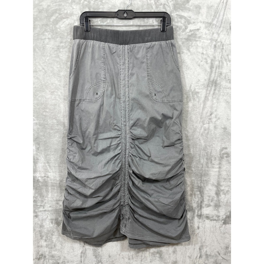 XCVI Ruched Cargo Skirt Womens L Gray Green Cotton Stretch Boho Lagenlook Midi